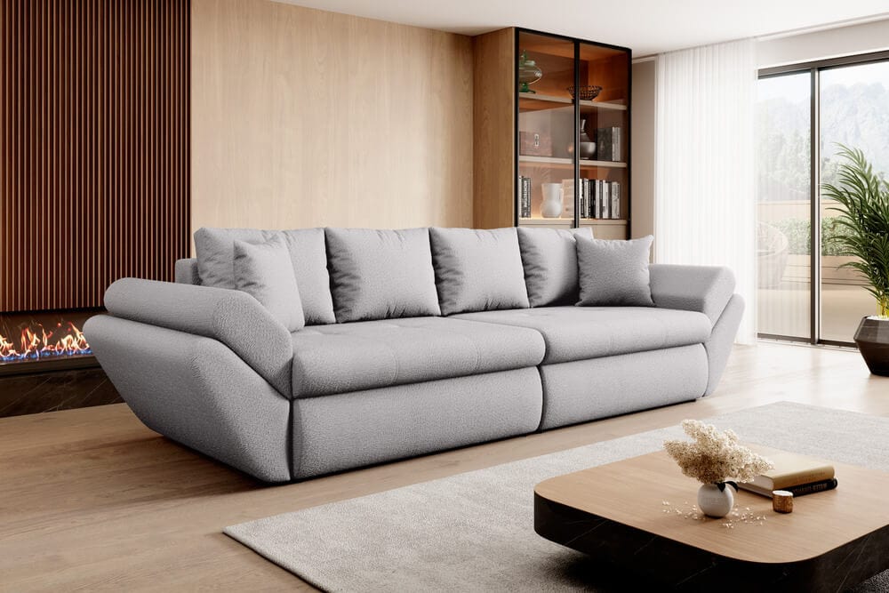 Canapea extensibilă cu ladă de depozitare si sezut confortabil din spuma HR, Loana Euphoria Dove Grey 300x100 cm