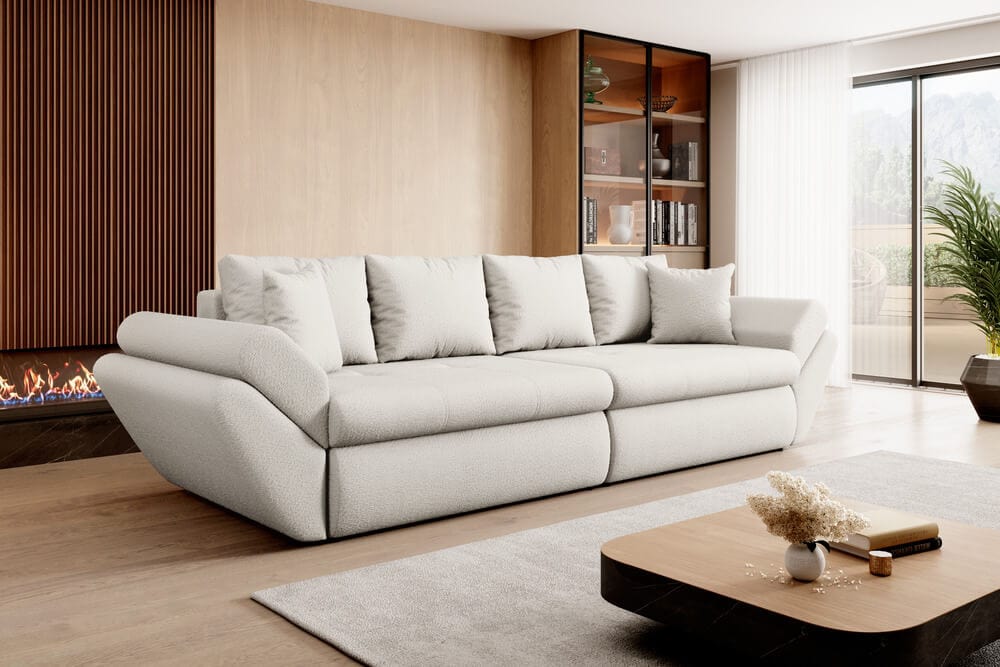 Canapea extensibilă cu ladă de depozitare si sezut confortabil din spuma HR, Loana Euphoria Ivory 300x100 cm