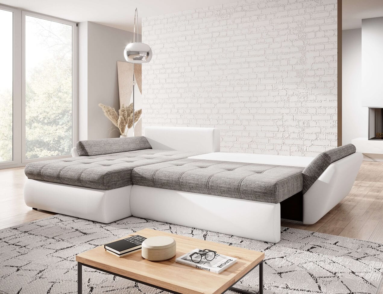 Colțar extensibil cu ladă de depozitare Loana White II 275x185 cm | Dumonde Furniture & Deco Concept.