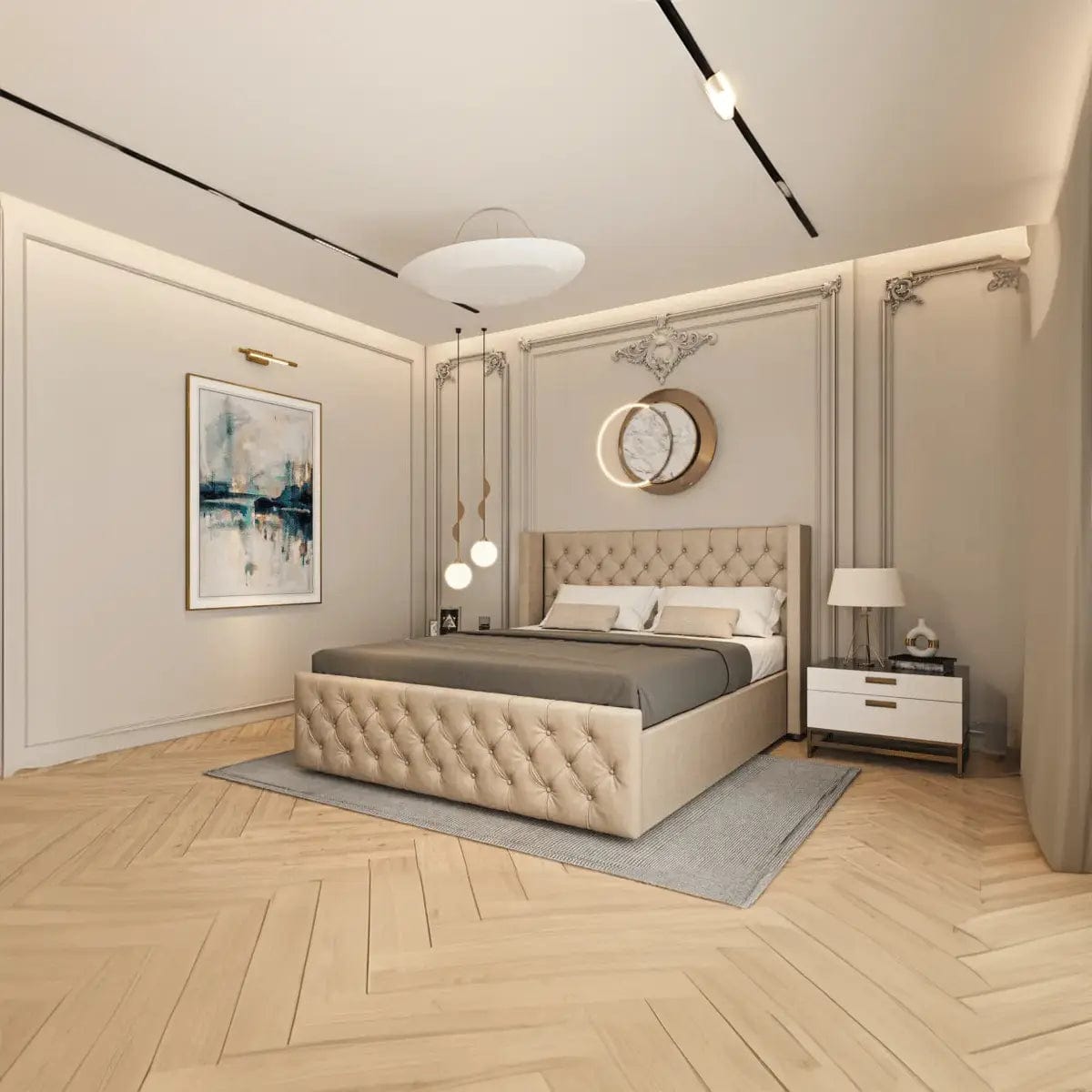 Pat dormitor dumonde, tapitat bej cu LED, Nisa 2 180x200 cm, somiera rabatabila inclusa, spatiu depozitare