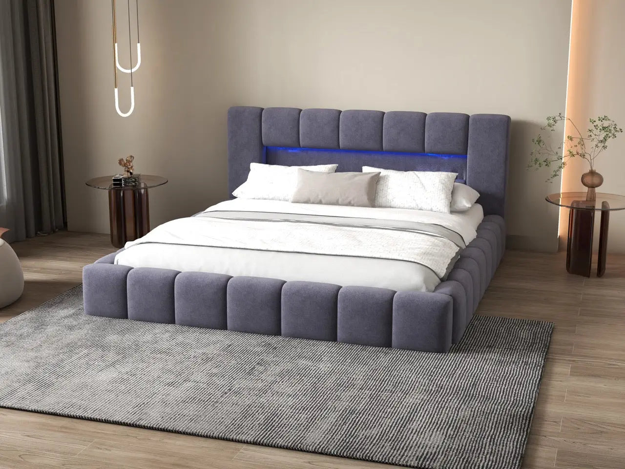 Pat dormitor dumonde, tapitat gri cu LED si USB, Palermo 180x200 cm, somiera rabatabila inclusa, spatiu depozitare