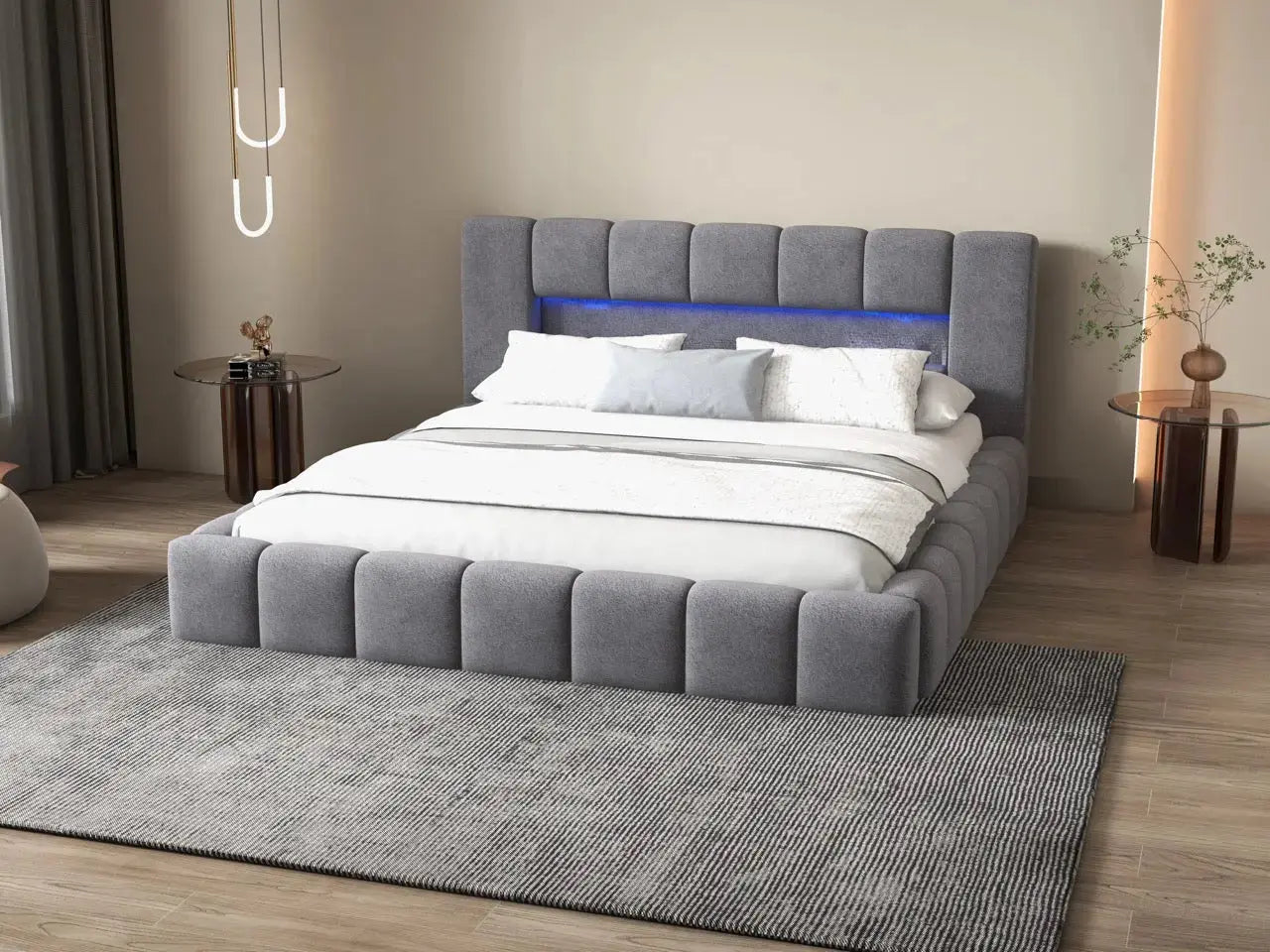 Pat dormitor dumonde, tapitat gri cu LED si USB, Palermo 180x200 cm, somiera rabatabila inclusa, spatiu depozitare
