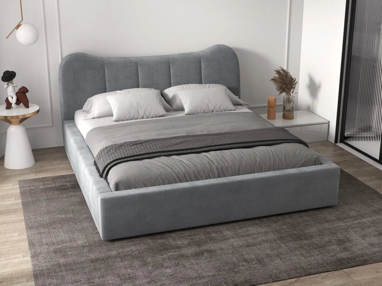 Pat dormitor tapitat gri, Albani 160x200 cm, somiera rabatabila inclusa, spatiu depozitare