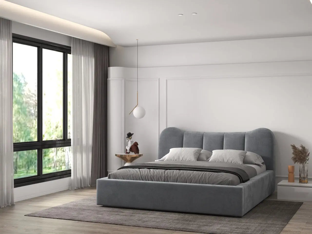 Pat dormitor tapitat gri, Albani 160x200 cm, somiera rabatabila inclusa, spatiu depozitare