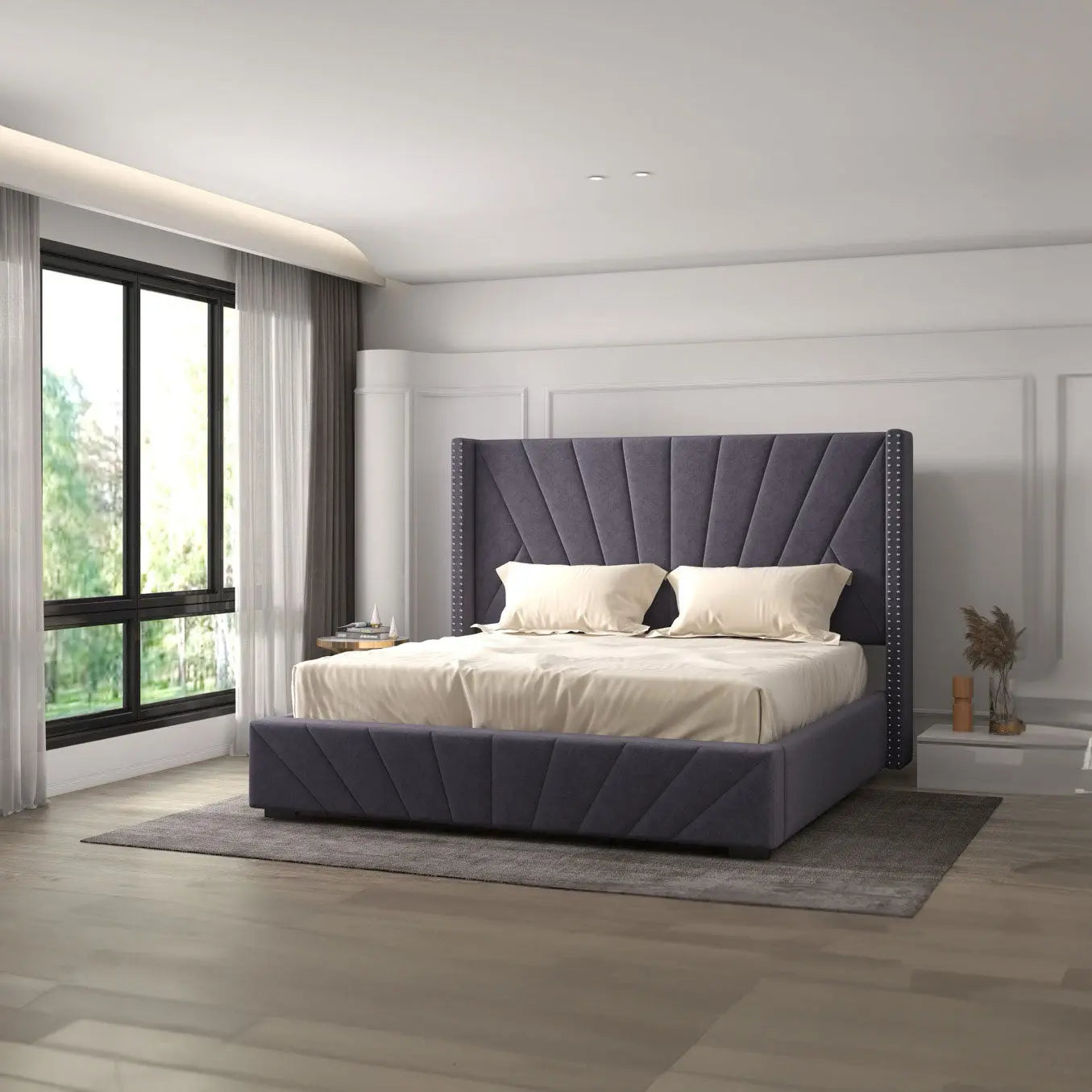 Pat dormitor tapitat gri, Amalfi 160x200 cm, somiera rabatabila inclusa, spatiu depozitare