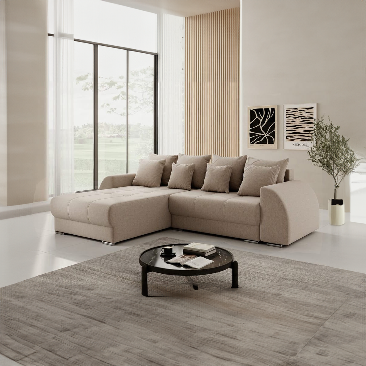 Colțar extensibil dumonde cu ladă de depozitare si sezut confortabil din spuma HR, Verona Beige 280x185 cm