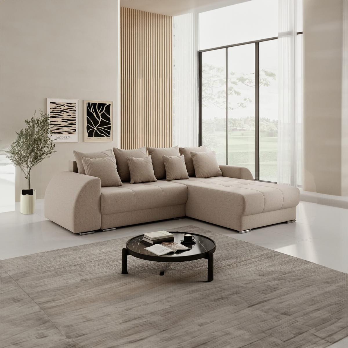 Colțar extensibil dumonde cu ladă de depozitare si sezut confortabil din spuma HR, Verona Beige II 280x185 cm