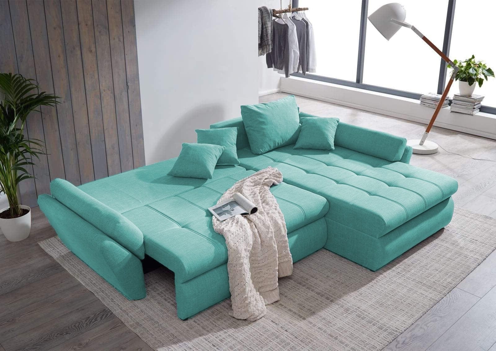 Colțar extensibil cu ladă de depozitare Loana Mint II 275x185 cm | Dumonde Furniture & Deco Concept.