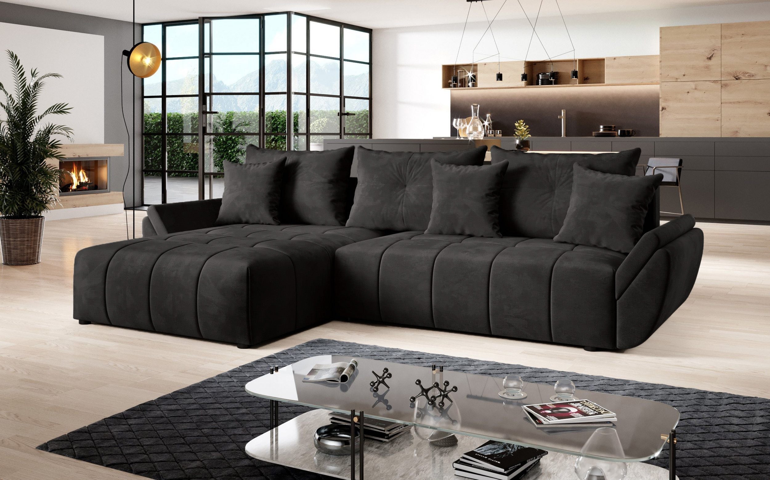 Colțar extensibil dumonde cu ladă de depozitare si sezut confortabil din spuma HR, Berlin Black 280x185 cm