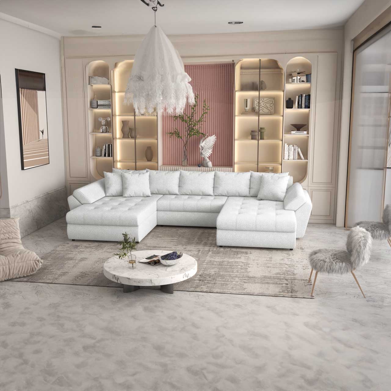 Colțar extensibil dumonde cu ladă de depozitare si sezut confortabil din spuma HR, Loana U Bej Euphoria 355x185 cm