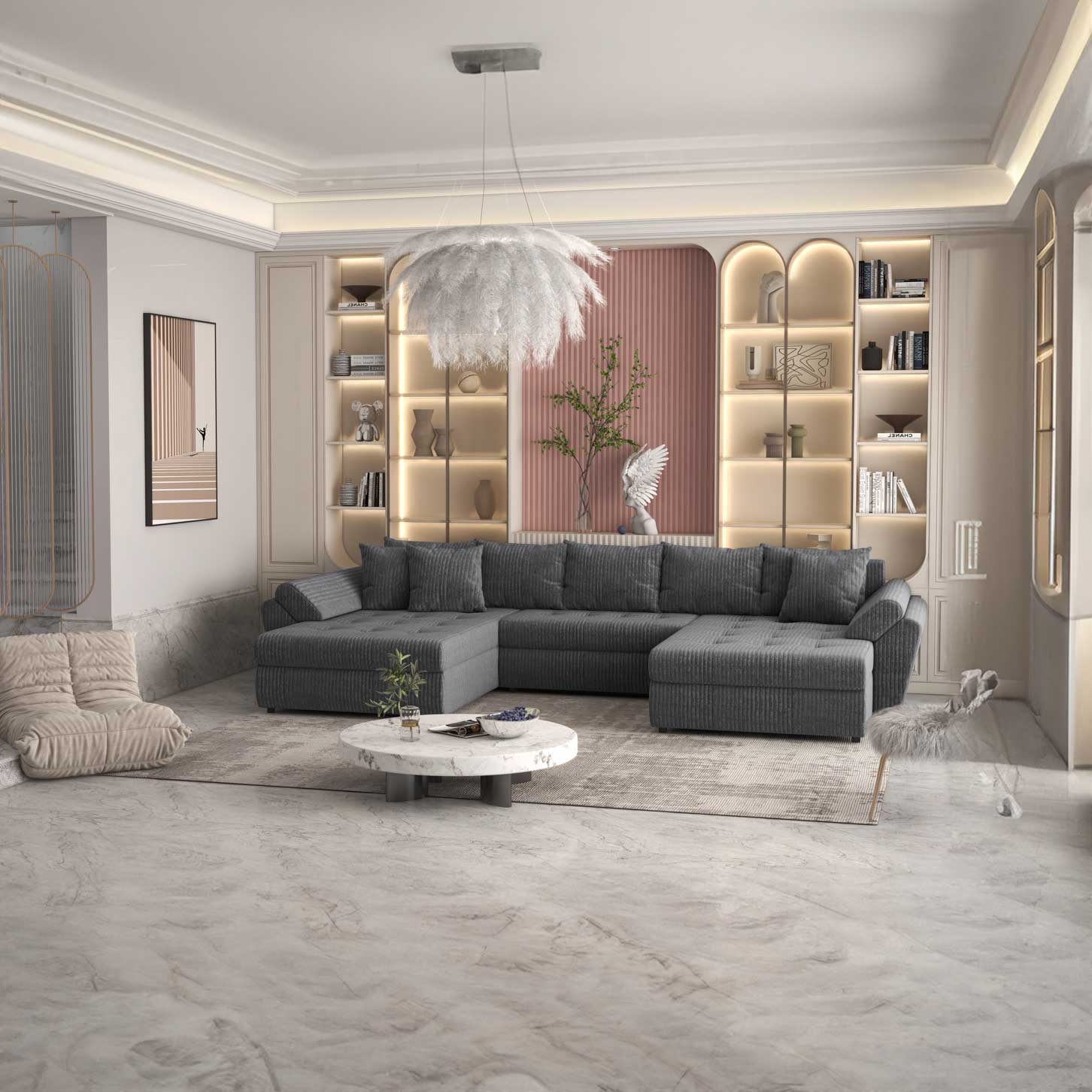 Colțar extensibil dumonde cu ladă de depozitare si sezut confortabil din spuma HR, Loana U Gri Ambience 355x185 cm