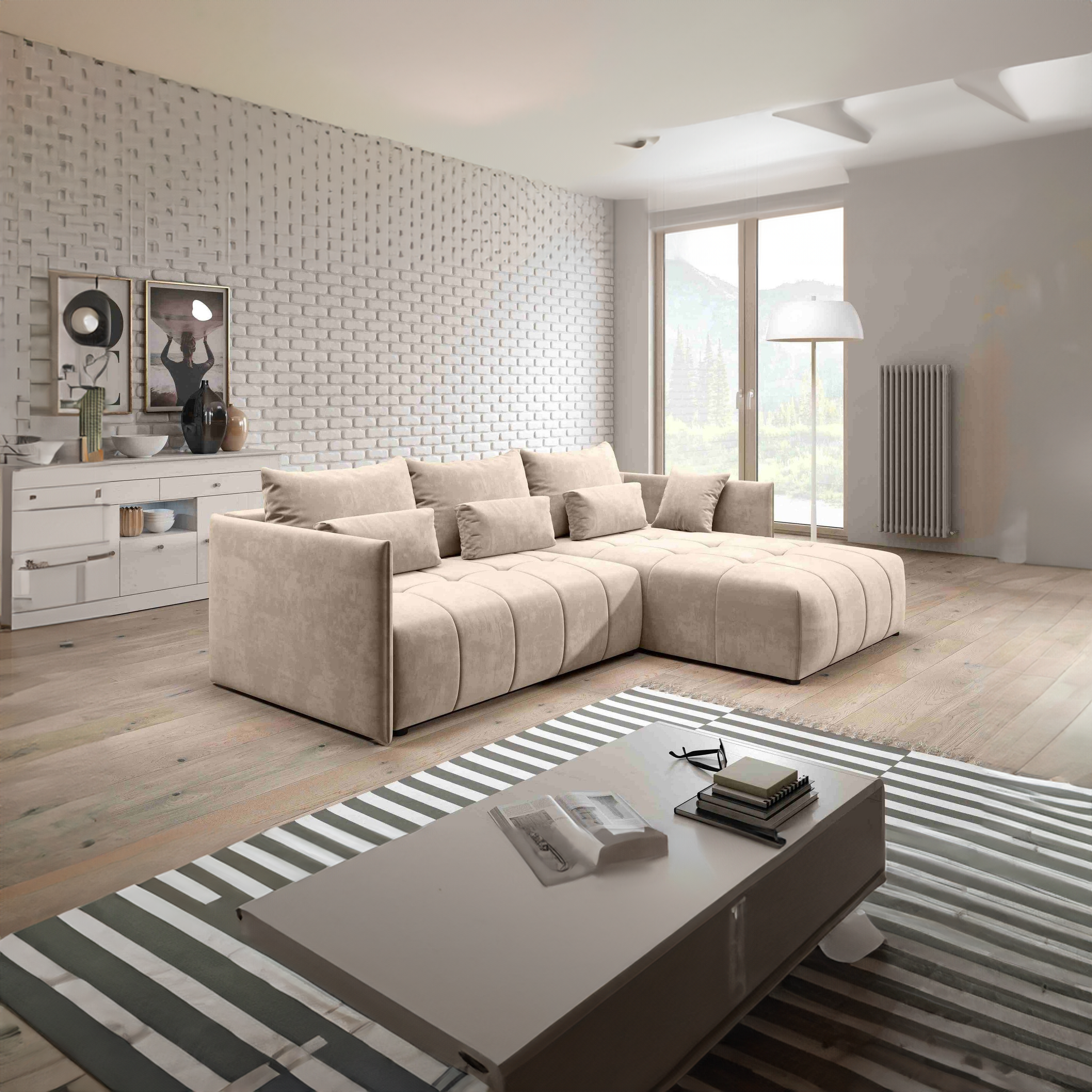 Colțar extensibil dumonde cu ladă de depozitare si sezut confortabil din spuma HR, Malta Beige II 235x185 cm