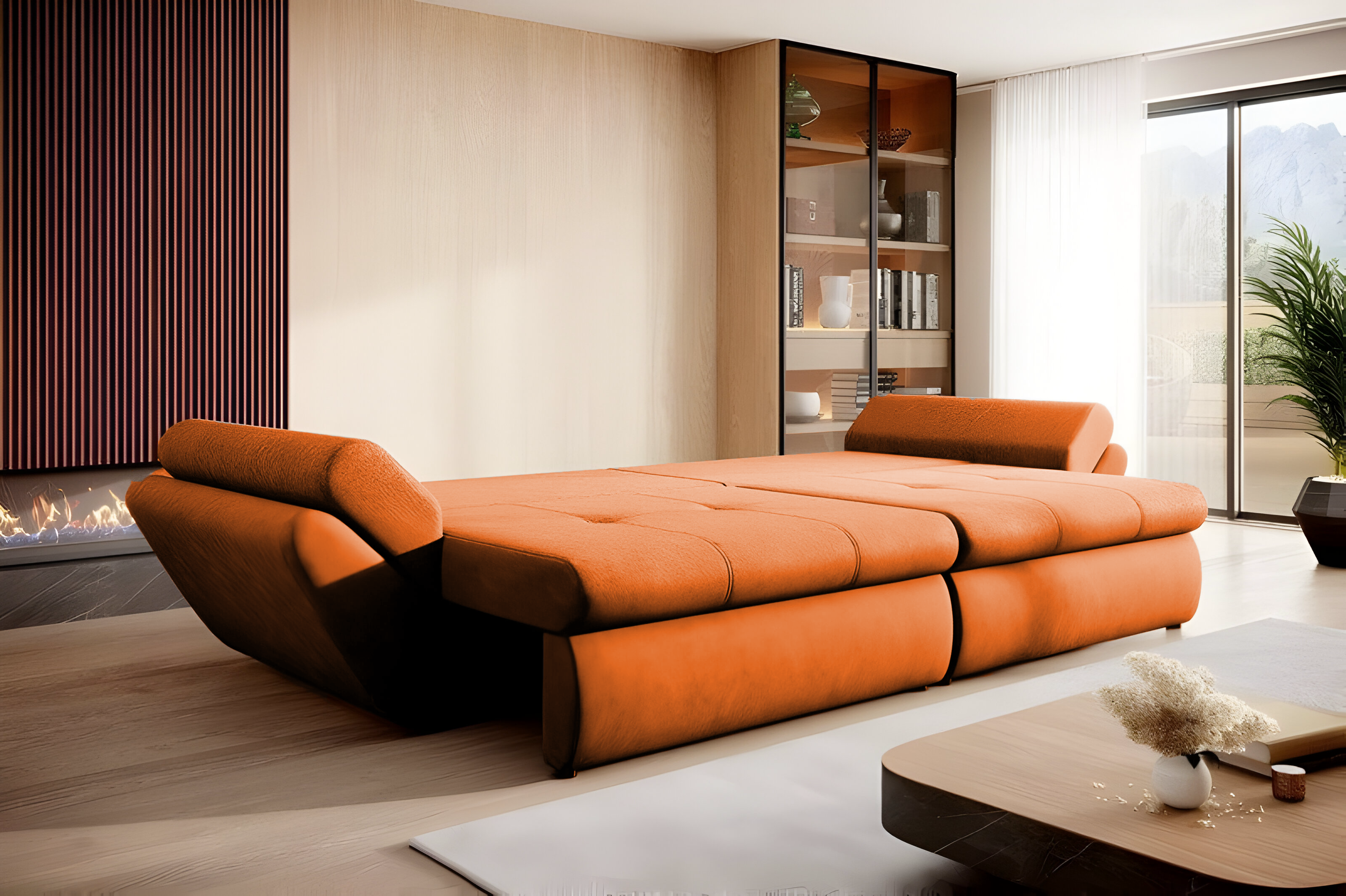 Canapea extensibilă cu ladă de depozitare si sezut confortabil din spuma HR, Loana Orange Jungle 300x100 cm