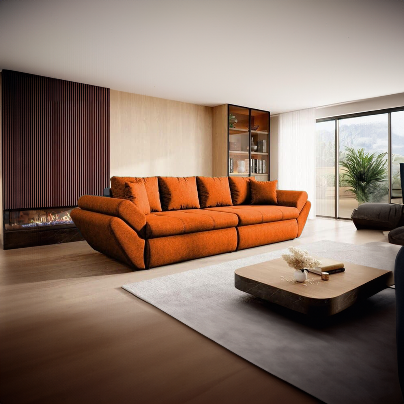 Canapea extensibilă dumonde cu ladă de depozitare si sezut confortabil din spuma HR, Loana Orange Jungle 300x100 cm