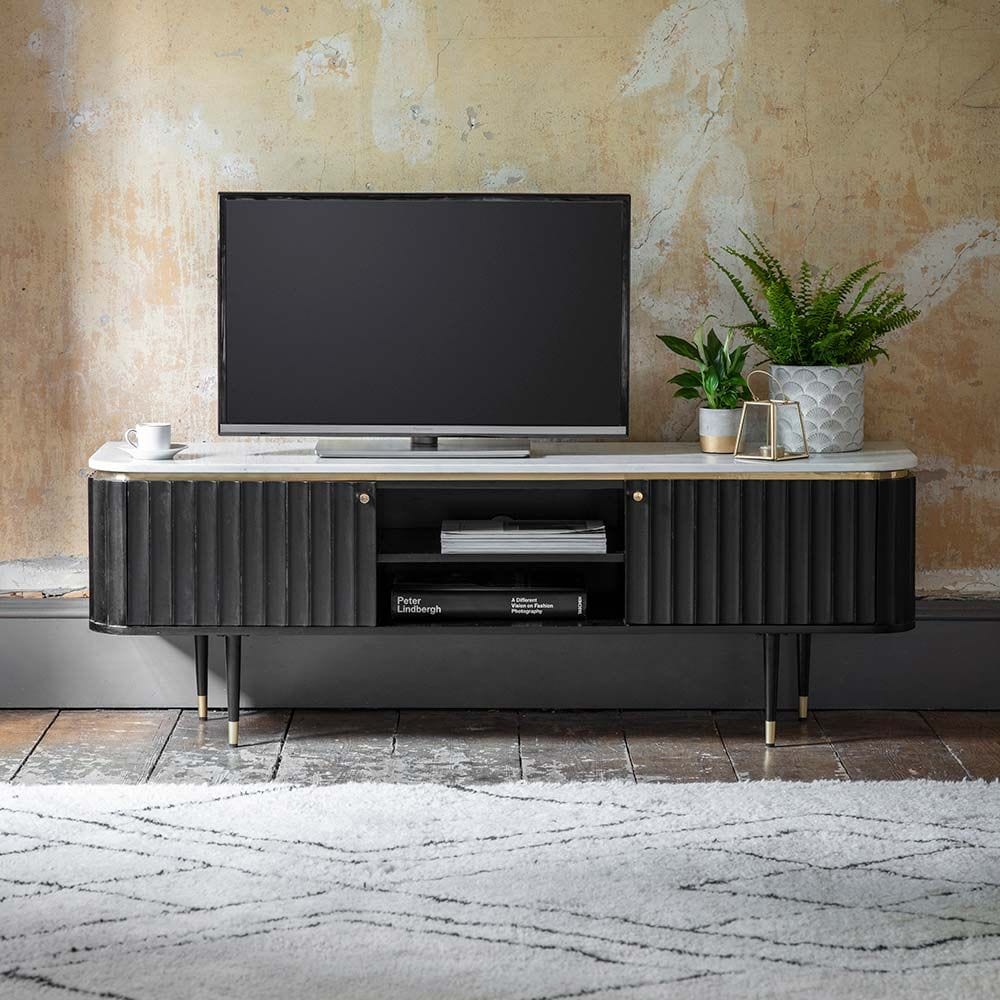 Comodă TV Genova Marble din lemn de acacia negru 147 x 40 x 50 cm